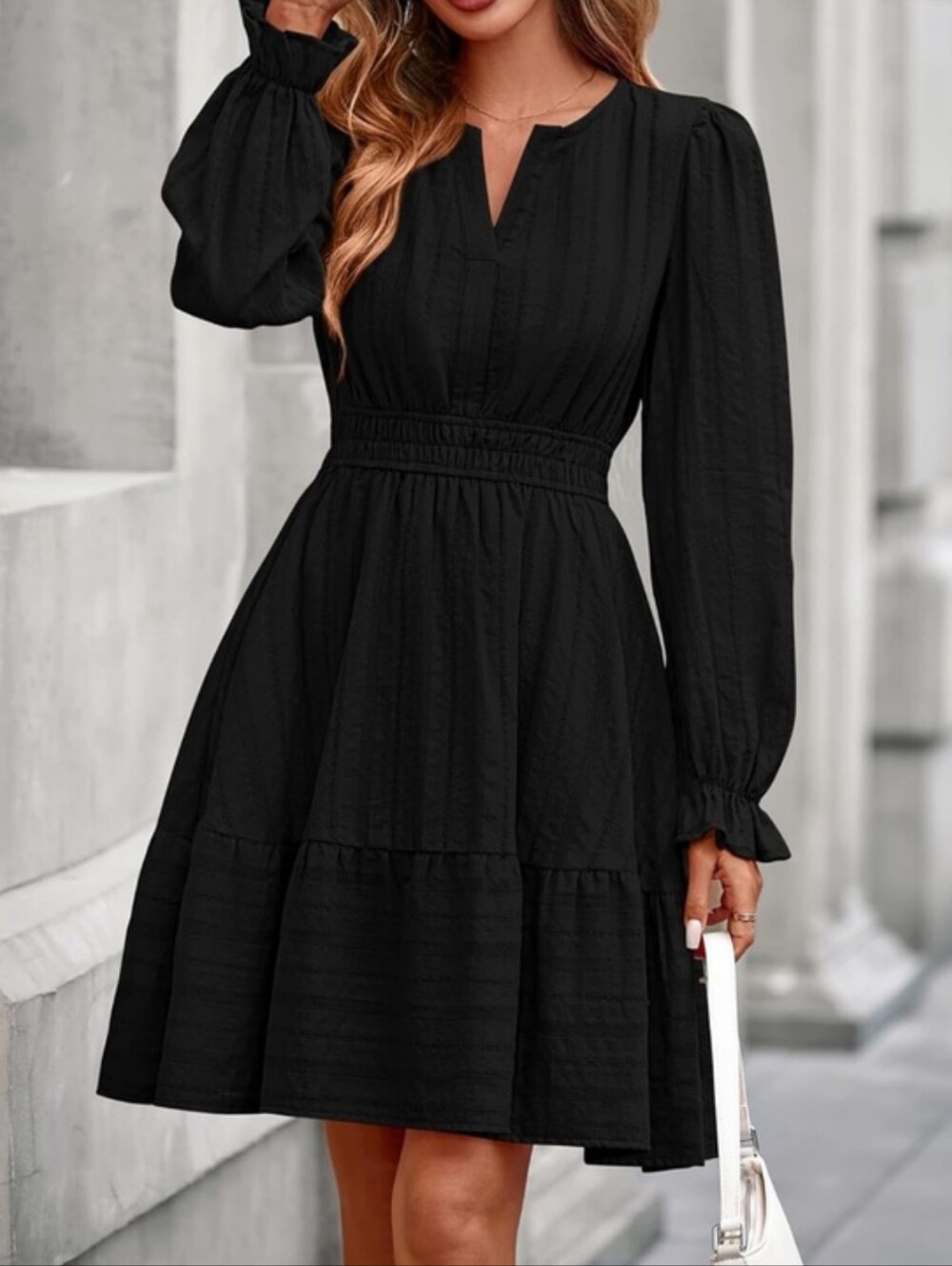 BTFBM‎ Black Long Sleeve Tiered Midi Dress Smocked Waist Cotton Large NWT